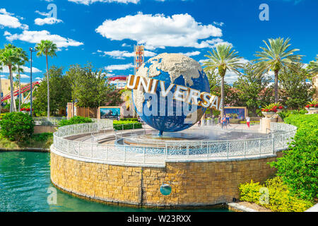 The famous Universal Globe at Universal Studios Florida theme park. Night view. Universal Walk. Florida. Orlando. USA.
