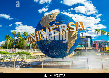 The famous Universal Globe at Universal Studios Florida theme park. Night view. Universal Walk. Florida. Orlando. USA.