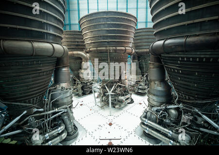 Apollo / Saturn V Center. Space hangar with rocket. Stock Photo