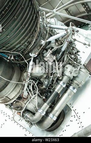 Apollo / Saturn V Center. Space hangar with rocket. Stock Photo