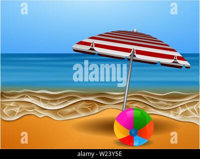 summer holidays illustration: an umbrella and a colorful ball on the beach Stock Vector