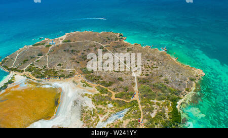 Aerial view of Puerto Rico. Faro Los Morrillos de Cabo Rojo. Playa Sucia beach and Salt lakes in Punta Jaguey. Stock Photo