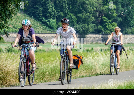 People Three cyclists riding a bike along the Elbe River near Dresden, Germany, Europe Elbe valley bicycle Stock Photo