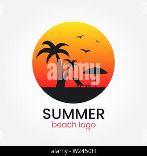 Beach logo design. Sunset and palm trees. Round logotype. Travel agency logo on white backdrop. Beach umbrella and sun lounger. Vacation concept Stock Vector
