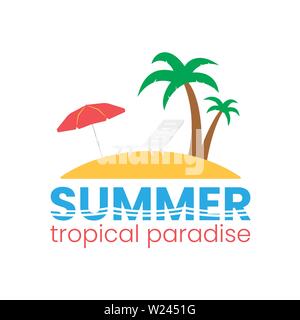 Beach logo on white backdrop. Flat holiday logotype. Time to travel concept. Sun lounger and beach umbrella. Island and palm trees. Vector Stock Vector