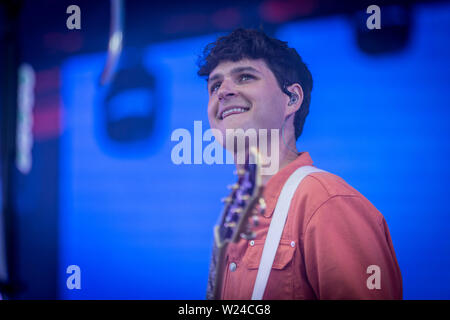 Roskilde, Denmark. 05th July, 2019. Roskilde, Denmark. July 05th, 2019. The American indie-rock band Vampire Weekend performs a live concert during the Danish music festival Roskilde Festival 2019. Here singer Ezra Koenig seen live on stage. (Photo Credit: Gonzales Photo/Alamy Live News Stock Photo
