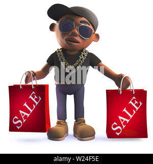 Rendered image of a black hip hop rapper in 3d carrying shopping sale bags Stock Photo