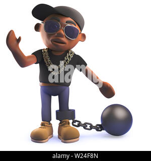 Rendered 3d image of a 3d black hip hop rapper cartoon character with a ball and chain Stock Photo