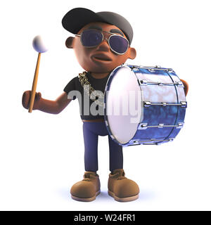 Rendered 3d image of a 3d cartoon black African American hip rapper character beating a bass drum Stock Photo