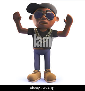 Rendered image of a 3d black hip hop rapper character with his arms in the air cheering Stock Photo