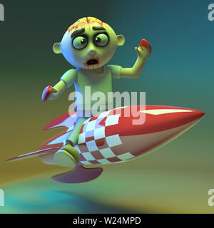Scared undead zombie monster takes a ride on a rocket, 3d illustration render Stock Photo