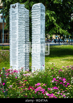 Football Rules Monument Parkers Piece Cambridge - sculpture celebrating modern football rules Cambridge Rules 1848 Artists Alan Ward and Neville Gabie Stock Photo