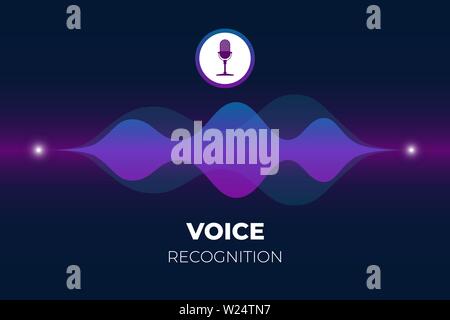 Personal assistant and voice recognition concept. Microphone button with bright gradient sound waves. Soundwave intelligent smart technologies flat vector illustration Stock Vector