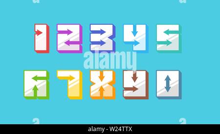 Numbers colored 3d retro vintage style set with arrows trendy typography consisiting of 1 2 3 4 5 6 7 8 9 0 for poster design or greeting card. Vector eps modern font illustration Stock Vector
