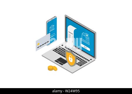 Safe and easy e-payments online purchase on smartphone using financial app. Payment being processed using bank card internet shopping transaction protection. Isometric 3d ecommerce vector illustration Stock Vector