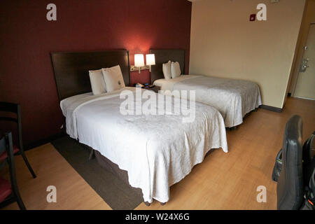 twin queen sized beds in a cheap hotel room red roof plus usa Stock Photo