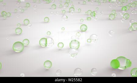 3d rendered close-up of glassy shiny colorful balls reflecting on white mirror glass floor Stock Photo