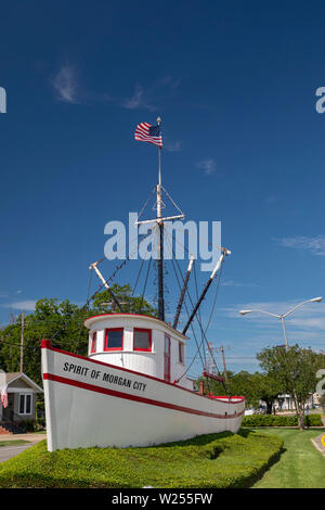 Morgan City, Louisiana - The Spirit of Morgan City shrimp trawler, installed on the town's main street. Shrimping is a major industry in Morgan City, Stock Photo