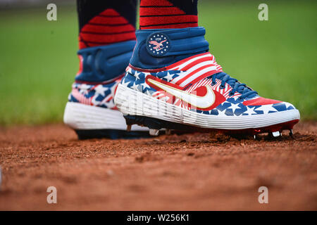 San Francisco, California, USA. 5th July, 2019. Nike 1776 celebration shoes being worn during the MLB game between the St. Louis Cardinals and the San Francisco Giants at Oracle Park in San Francisco, California. Chris Brown/CSM/Alamy Live News Stock Photo