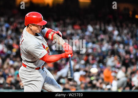 San Francisco, California, USA. 5th July, 2019. St. Louis Cardinals left fielder Tyler O'Neill (41) hits during the MLB game between the St. Louis Cardinals and the San Francisco Giants at Oracle Park in San Francisco, California. Chris Brown/CSM/Alamy Live News Stock Photo
