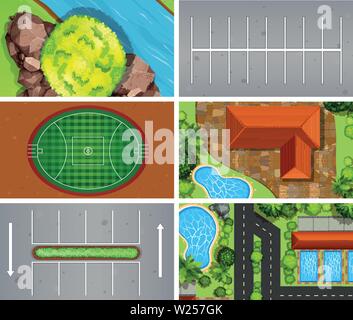 Set of aerial view scenes illustration Stock Vector