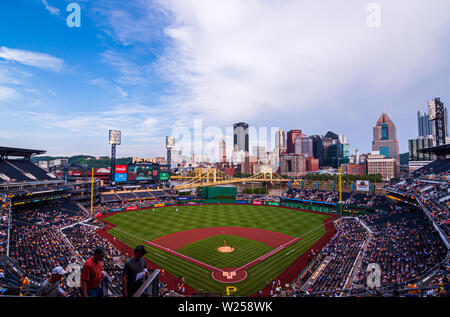 PNC Park, home field to the Pirates playing the Milwaukee Brewers on a summer night in Pittsburgh, Pennsylvania, USA Stock Photo