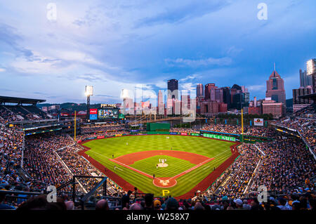 PNC Park, home field to the Pirates playing the Milwaukee Brewers on a  summer night with the stadium light on Stock Photo - Alamy