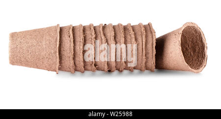 Much peat pots for growing seedlings, isolated on white background Stock Photo