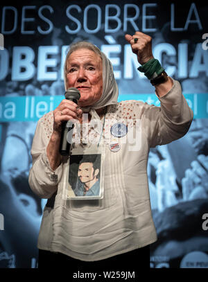 Barcelona, Spain. 05th July, 2019. Nora Cortiñas, co-founder of Mothers Plaza de Mayo speaks during the event.Organized by the Catalan independents entity 'mnium Cultural, the second day on Civil Disobedience took place in the Born Cultural Center. These two days, 4 and 5 July, of conferences and round tables aim to establish the theoretical basis for civil disobedience as a way to solve the problem of the independence of Catalonia after the repeated refusal of the Spanish state to hold a Referendum. Credit: SOPA Images Limited/Alamy Live News Stock Photo