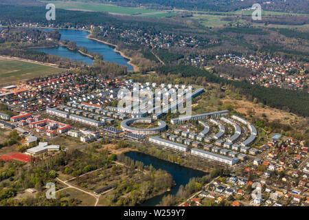 Aerial view over Falkensee, Berlin suburb, Germany. It is a town in the Havelland district, Brandenburg, situated at the western border of Berlin. Stock Photo
