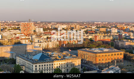 Aerial cityscape with Federal Ministry of Finance and House of Representatives at sunset close to Potsdamer Square. Berlin, Germany. Stock Photo