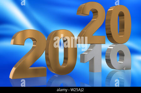3D render turn of the year 2019 to 2020 in golden and silver numbers in front of blue abstract background Stock Photo