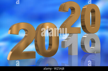 3D render turn of the year 2019 to 2020 in golden and silver numbers in front of blue abstract background Stock Photo