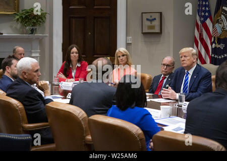 Washington, United States Of America. 02nd July, 2019. President Donald J. Trump, joined by Vice President Mike Pence and Secretary of Health and Human Services Alex Azar, discusses healthcare policy Tuesday, July 2, 2019, in the Roosevelt Room of the White House. People: President Donald Trump, Vice President Mike Pence Credit: Storms Media Group/Alamy Live News Stock Photo