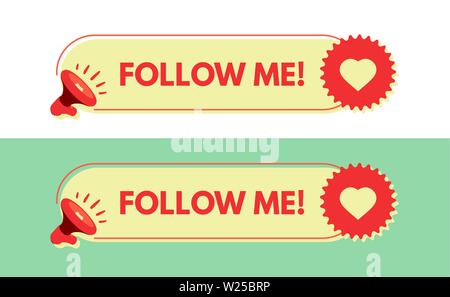 Follow me. Megaphone with bubble speech. Sticker for promotion and advertising. Vector illustration for design or print. Stock Vector