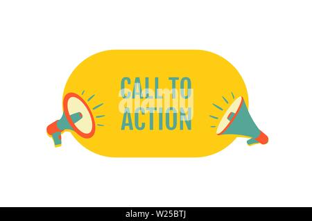 Call to action. Megaphone with bubble speech. Sticker for promotion and advertising. Vector illustration for design or print. Stock Vector