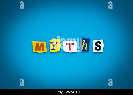 Myths - word on blue background from colorful letters. Concept of Exposing, disclosure. Text, Message on poster. Headline, caption, heading on card, b Stock Photo