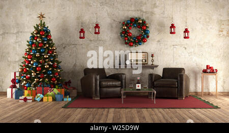 Waiting christmas in a room in retro style with christmas tree,leather armchair and decor objects 3d rendering Stock Photo