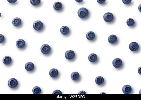 Flatlay pattern with fresh ripe blueberries isolated on white background Stock Photo