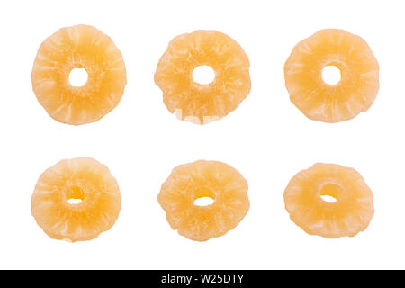 dried pineapple isolate on a white background, a set of different pieces of fruit Stock Photo