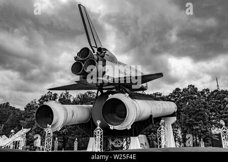 A Space Shuttle mockup designed for activities such as testing vehicle fit within buildings. On permanent display at the U.S. Space & Rocket Center. Stock Photo