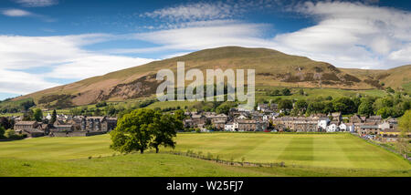 UK, Cumbria, Sedbergh, panoramic view of the town, from Sedbergh School sports field, towards Winder, Settlebeck Gill and Howgill Fells