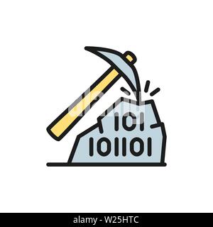 Pickaxe with binary stone code, blockchain, cryptocurrency flat color icon. Stock Vector