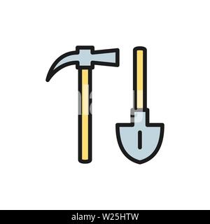 Mining axe with shovel flat color icon. Stock Vector
