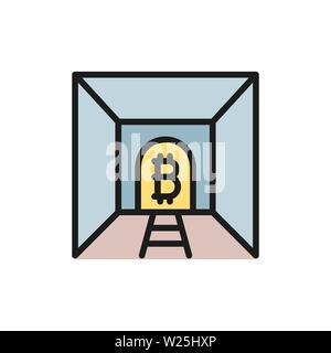 Bitcoin with tunnel mine, blockchain, cryptocurrency flat color icon. Stock Vector