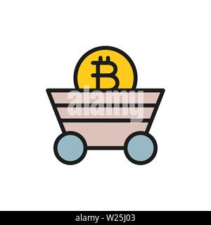 Miner trolley with bitcoin coin, blockchain, cryptocurrency flat color icon. Stock Vector