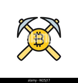 Bitcoin coin and pickaxes, blockchain, cryptocurrency flat color icon. Stock Vector