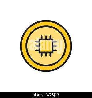 Coin with motherboard, blockchain, cryptocurrency, bitcoin flat color icon. Stock Vector