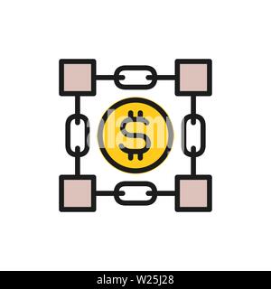 Coin with blockchain, cryptocurrency, bitcoin, digital key flat color icon. Stock Vector