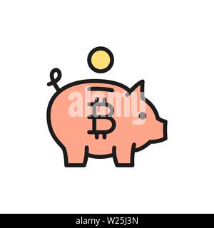 Piggy bank with bitcoin, cryptocurrency, crypto coin flat color icon. Stock Vector